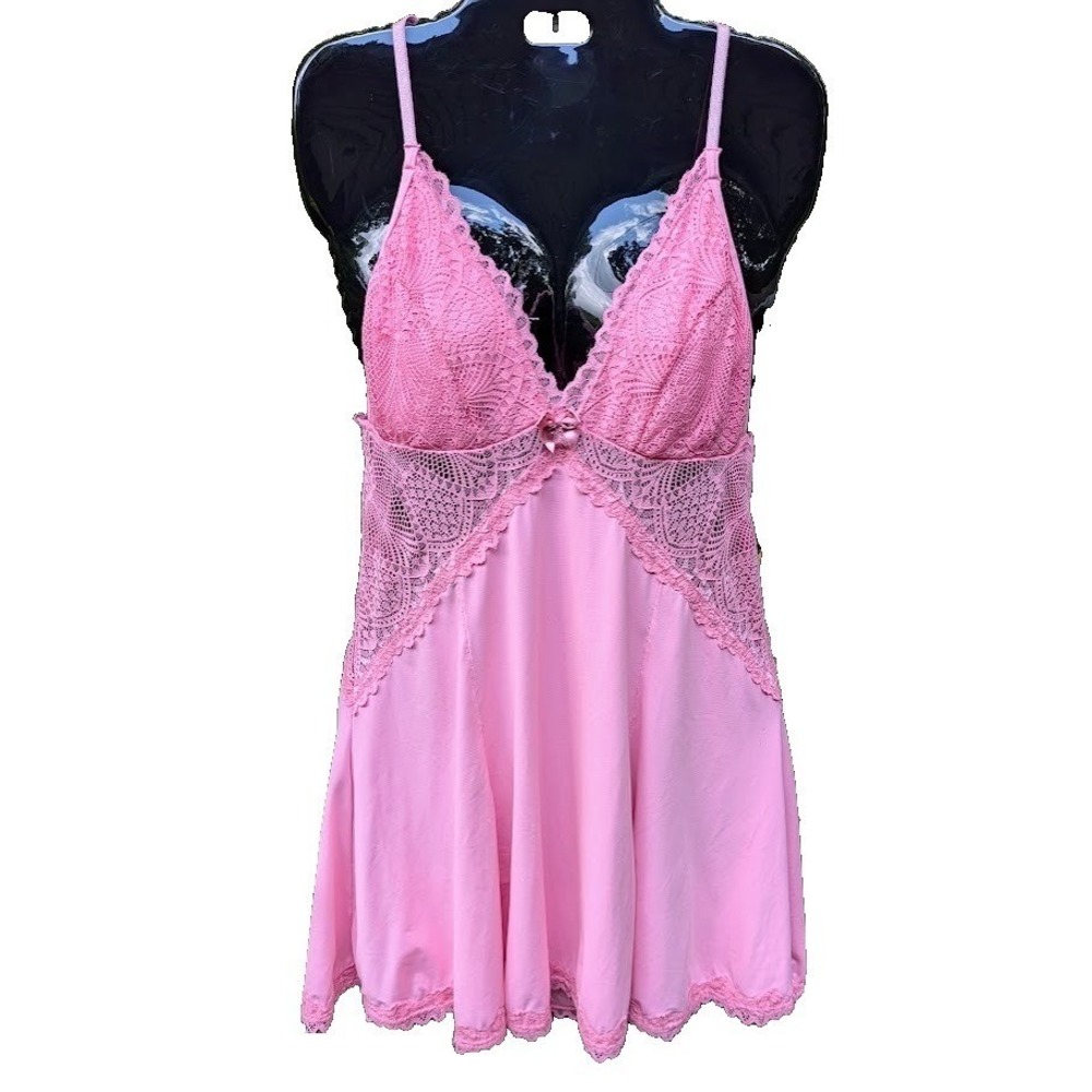 Vintage Chemise Size S-M Bright Pink Gown Slip Dress Lace Bow Coquette Fairy